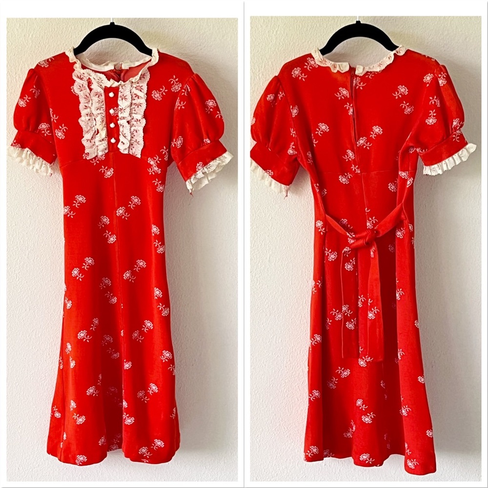 Vintage Handmade Red Orange Floral Puff Sleeve Lace Girls Dress FLAWED